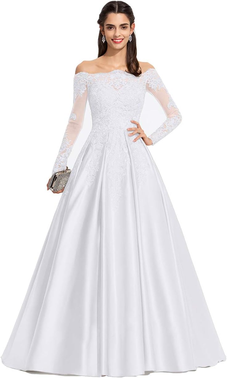 Vestidos de fiesta formales de satén con apliques de encaje y hombros descubiertos para mujer, con mangas largas