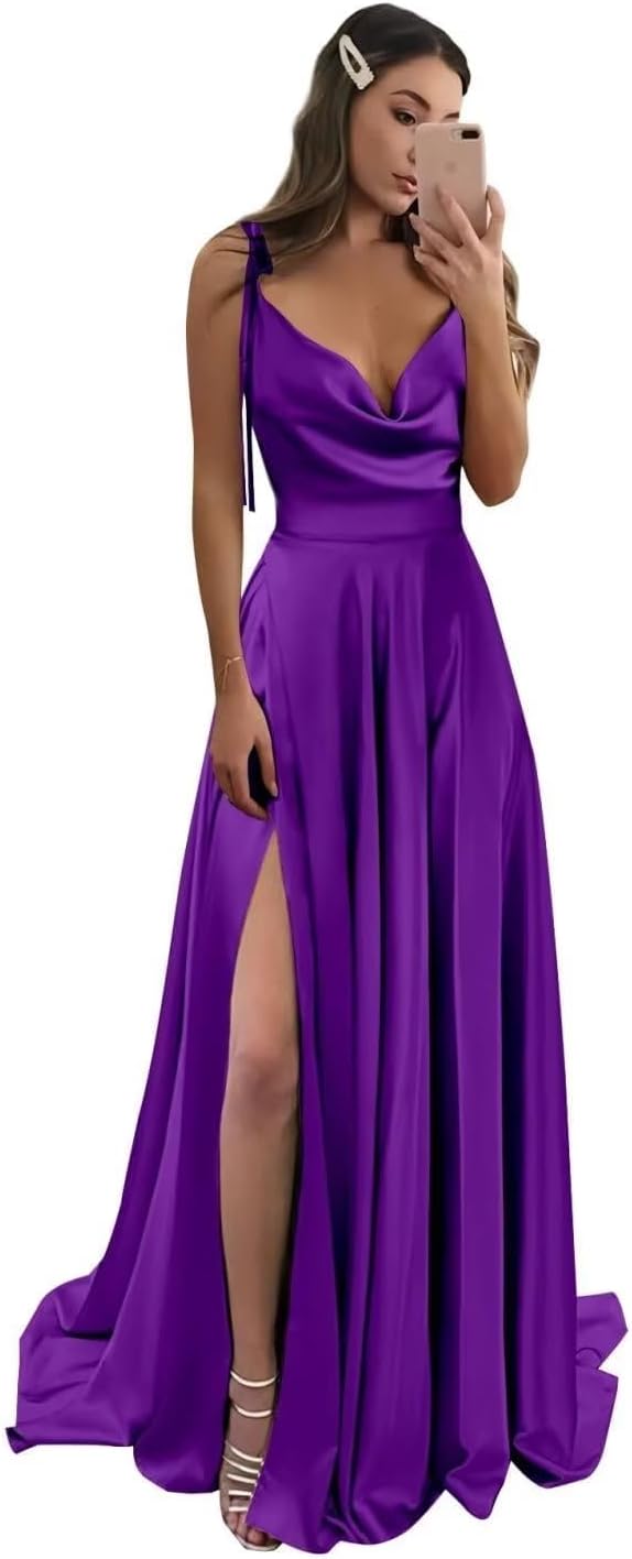Vestidos de fiesta largos de satén con abertura alta para mujer, 2024, tirantes finos ajustables, vestidos de fiesta formales con bolsillos 