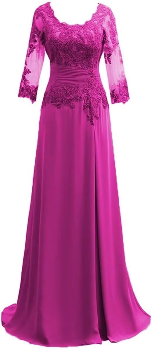 Women's Lace Appliqued Mother of The Bride Dresses 3/4 Sleeves Scoop Long Formal Evening Dress