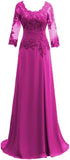 Women's Lace Appliqued Mother of The Bride Dresses 3/4 Sleeves Scoop Long Formal Evening Dress