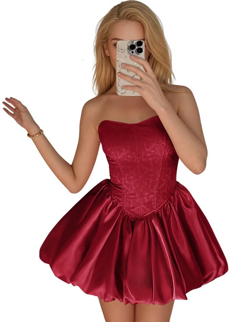 Strapless Satin Homecoming Dresses for Teens Jacquard Short Prom Dress A-line Cocktail Party Gowns with Pockets