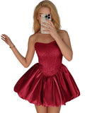 Strapless Satin Homecoming Dresses for Teens Jacquard Short Prom Dress A-line Cocktail Party Gowns with Pockets