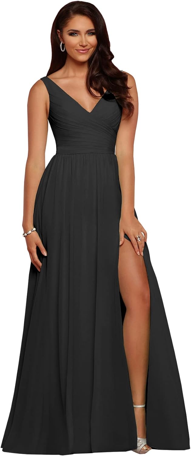 Vestidos de dama de honor largos con escote en V y abertura en gasa, corte A, plisados, para noche, fiesta formal