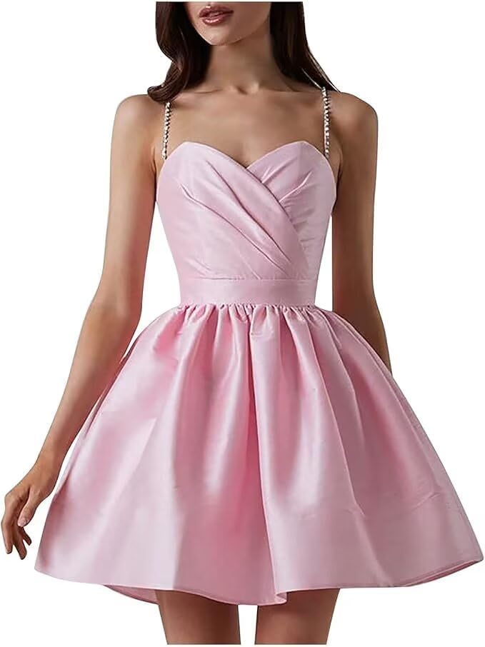 Satin Homecoming Dresses for Teens Spaghetti Straps Short Prom Dress A-Line Cocktail Wedding Guest Dress