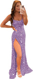Women's Sequin Mermaid Prom Dresses with Slit Glitter Criss-Cross Long Formal Evening Gowns