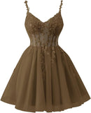Tulle Lace Applique Homecoming Dresses for Teens Beaded Spaghetti Straps Mini Cocktail Party Prom Formal Dress
