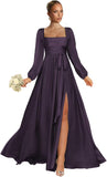 Satin Bridesmaid Dresses with Slit Long Sleeve Square Neck A Line Maxi Formal Dress