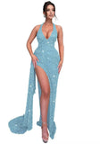 Sparkly Sequin Halter Prom Dresses for Women Mermaid Formal Dress with Slit Backless Ruched Evening Party Gowns