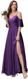 Women's Long Spaghetti Straps Bridesmaid Dress with Slit Off Shoulder Chiffon Formal Party Gowns