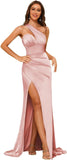 Women's One Shoulder Prom Dress 2025 Satin Long Ruched Mermaid Formal Dresses with Slit