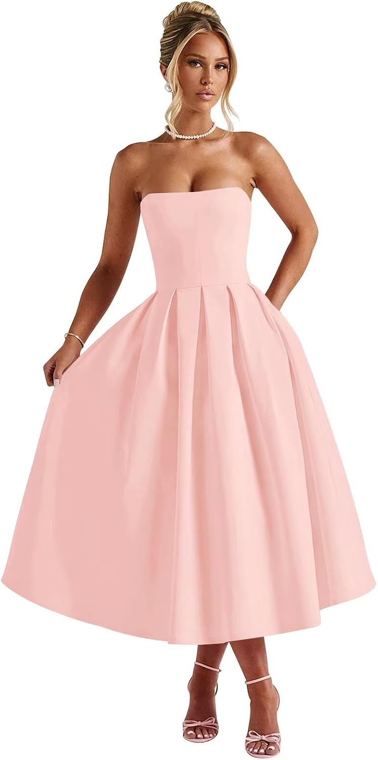 Strapless Satin Tea Length Prom Dresses for Women 2027 A-Line Corset Backless Cocktail Bridesmaid Dress with Pocket