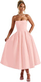 Strapless Satin Tea Length Prom Dresses for Women 2027 A-Line Corset Backless Cocktail Bridesmaid Dress with Pocket