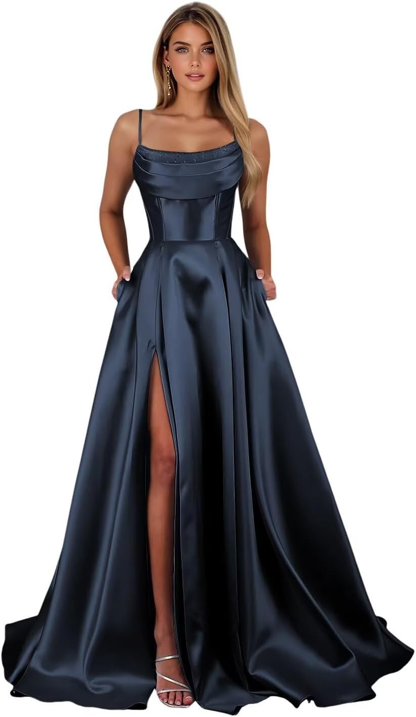 Satin Prom Dresses for Teens Long A-Line Cowl Neck Formal Evening Gown with Slit 2026 Maxi Ball Gowns