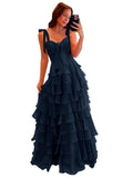 Tiered Prom Dresses with Bow Long A-Line Chiffon Formal Evening Dress for Women Spaghetti Straps Slit Ball Gown