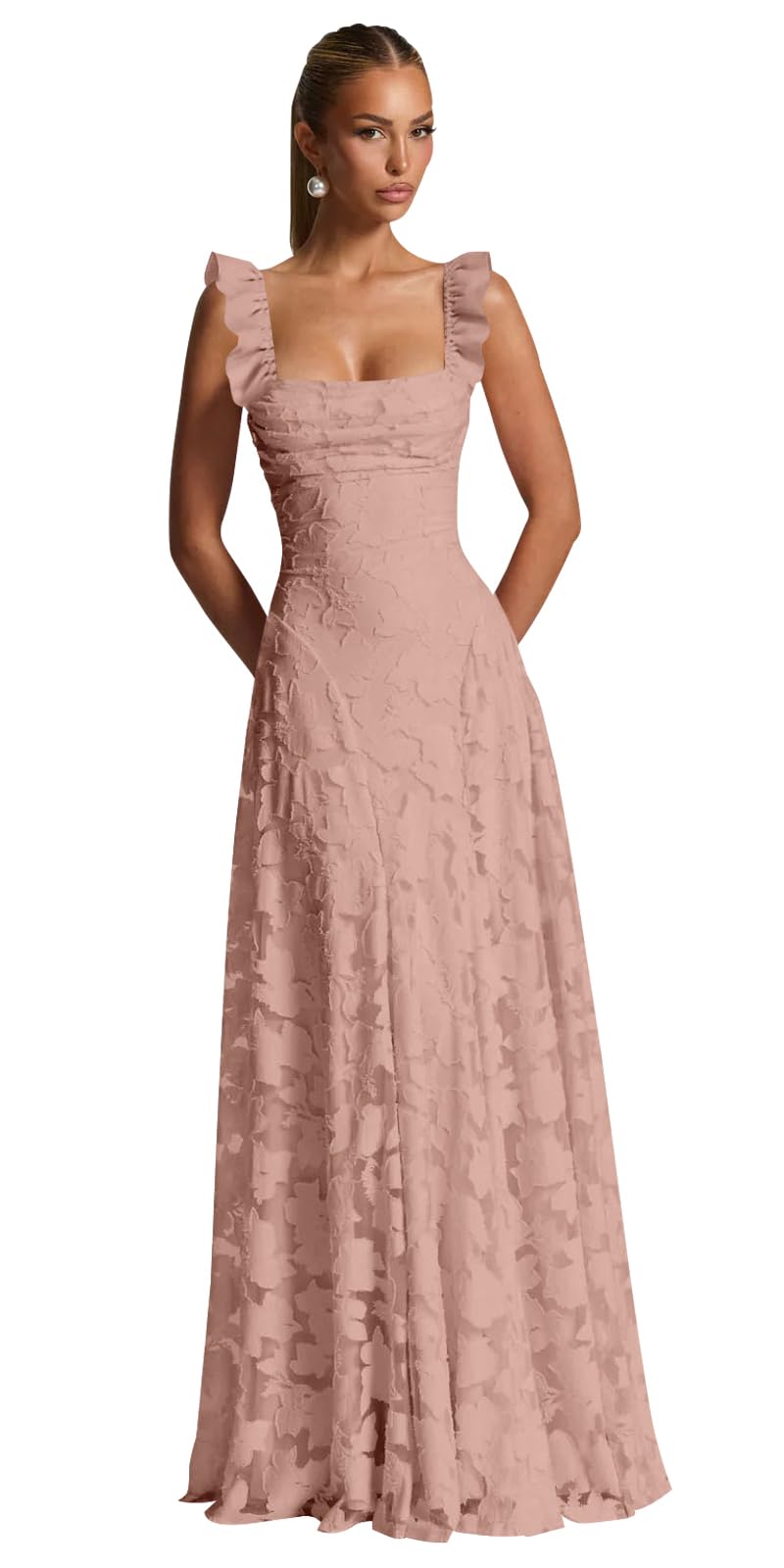 Ruched Jacquard Prom Dresses for Women Teens Ruffle Strap Floral Maxi Formal Dress Evening Gown