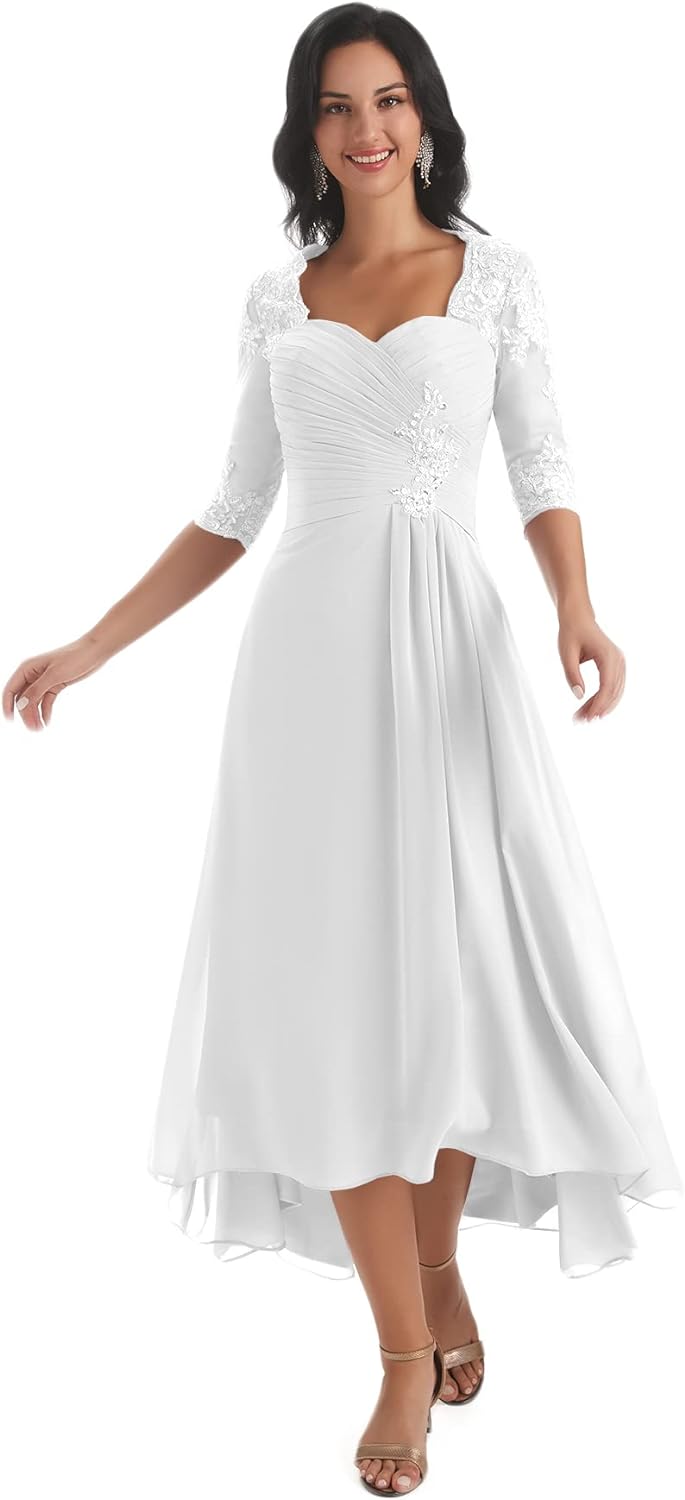 Women's Tea Length Mother of The Bride Dresses for Wedding Short Sleeves Lace Applique Formal Evening Prom Gowns
