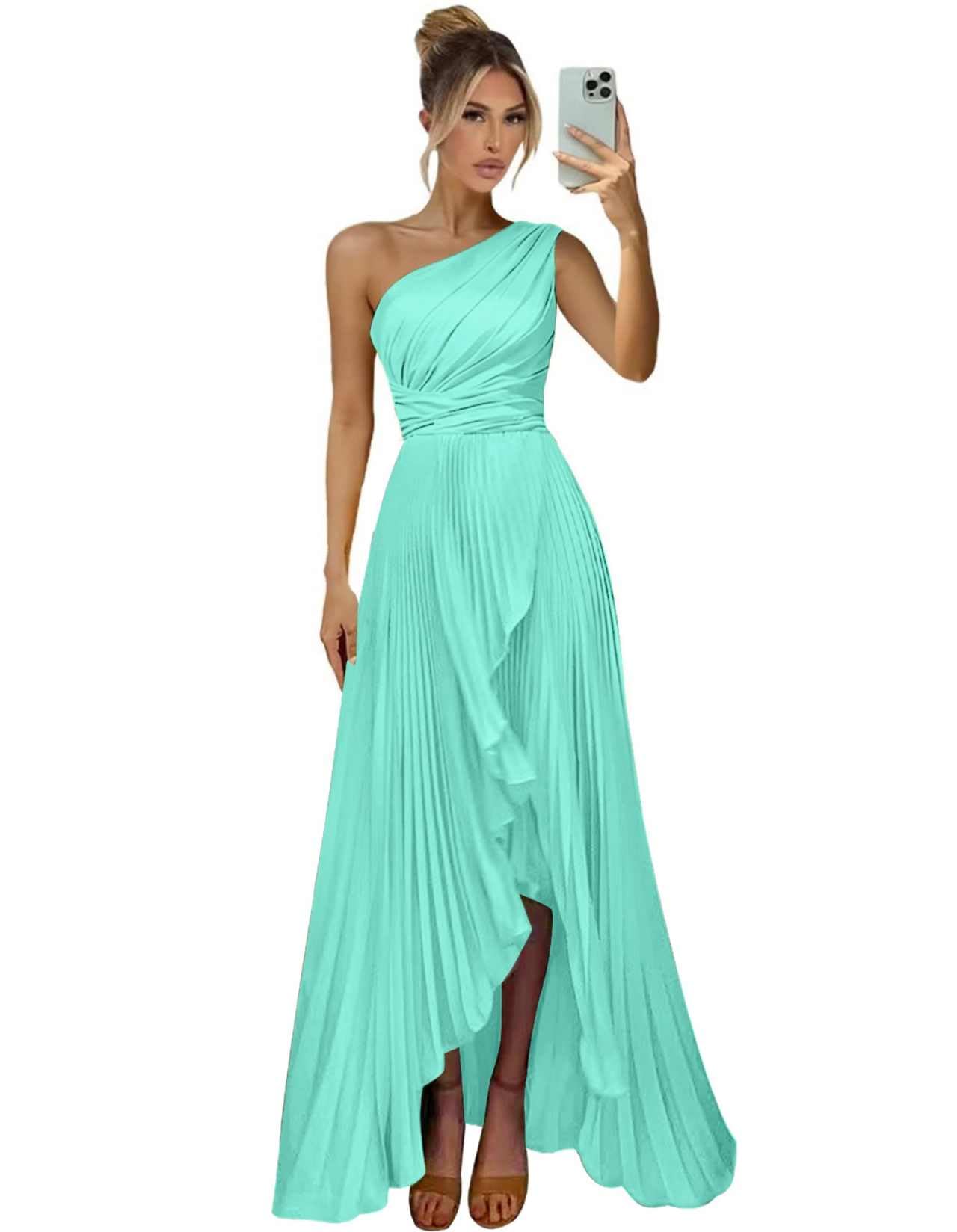 One Shoulder Bridesmaid Dresses for Women Satin Pleated Long A Line Formal Prom Evening Party Dress with Slit
