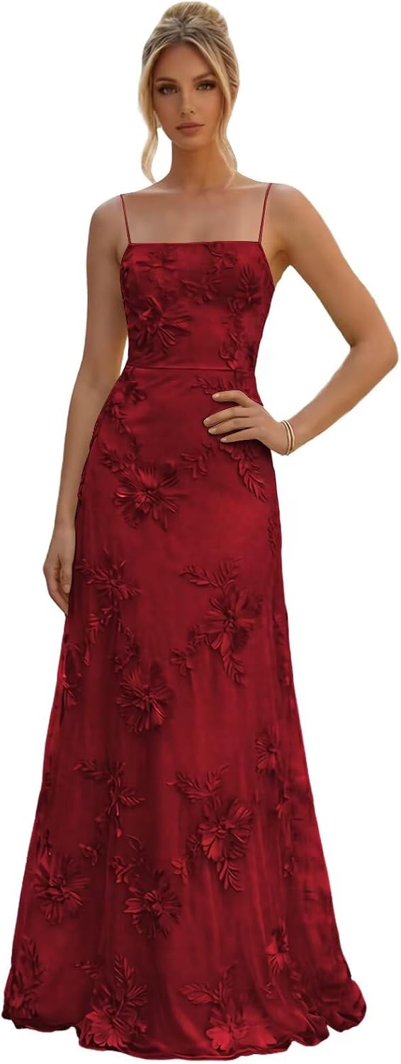 Floral Embroidery Prom Dresses for Women Spaghetti Straps A Line Formal Maxi Dress