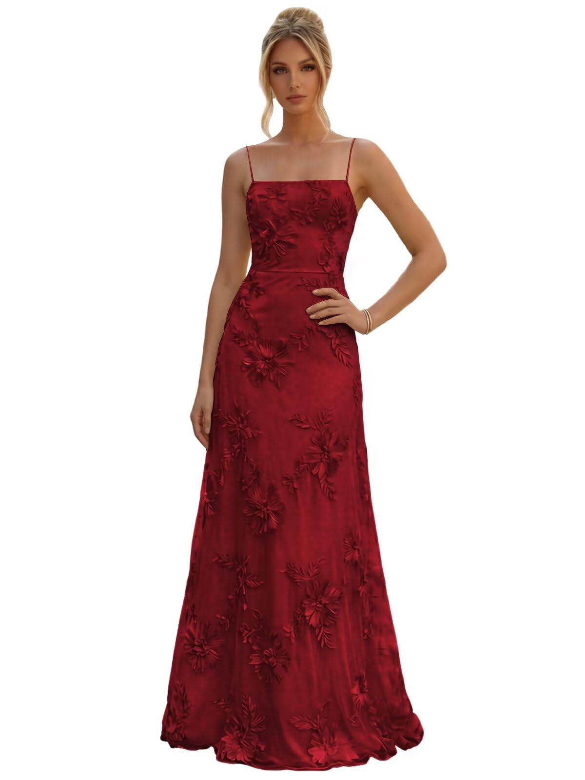 Floral Embroidery Prom Dresses for Women Spaghetti Straps A Line Formal Maxi Dress