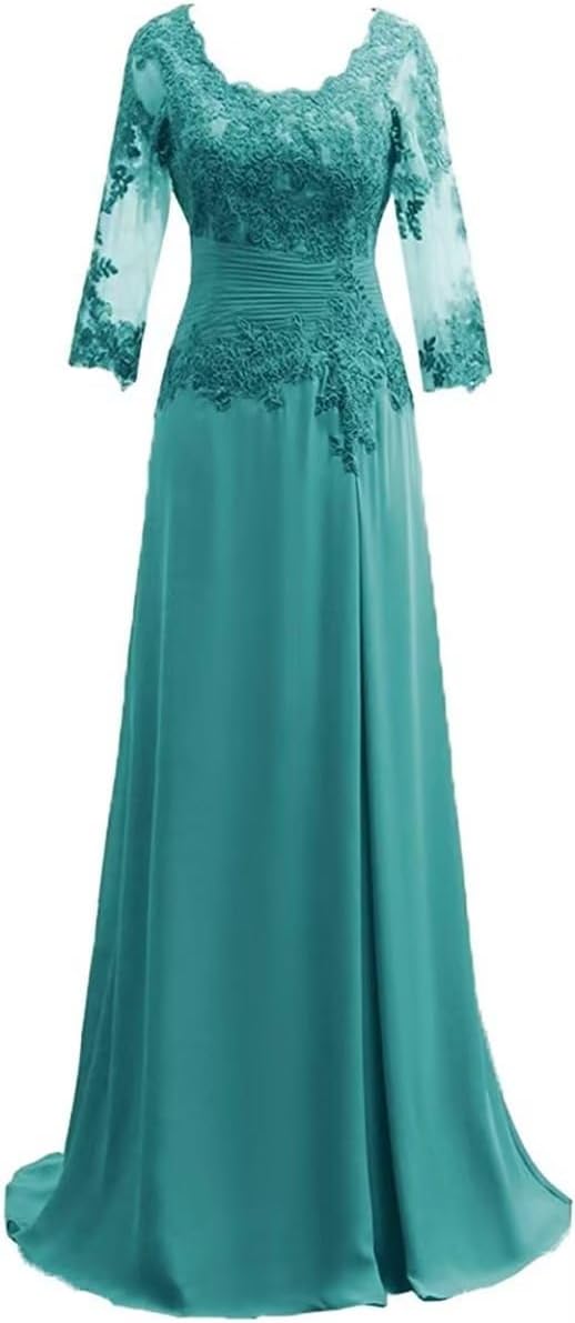 Women's Lace Appliqued Mother of The Bride Dresses 3/4 Sleeves Scoop Long Formal Evening Dress