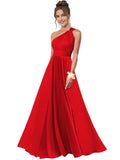 One Shoulder Bridesmaid Dresses for Women Chiffon A Line Pleated Long Formal Gowns with Pockets