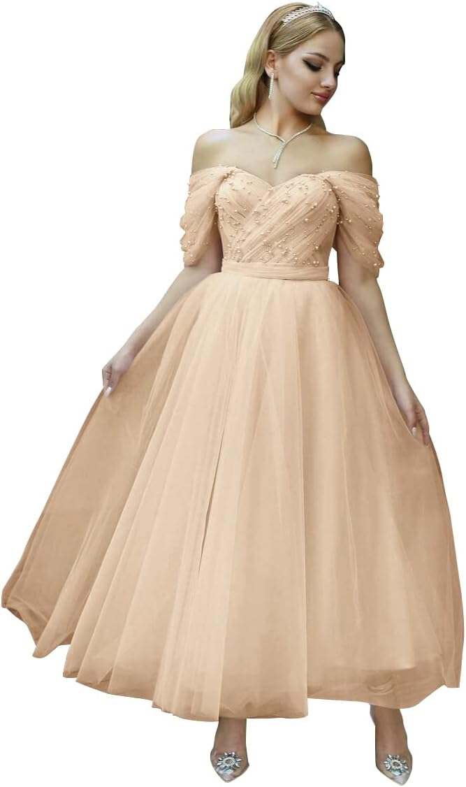 Tulle Tea Length Prom Dresses for Women Off The Shoulder Ball Gowns Teens Sweetheart Beaded Puffy Princess Dress