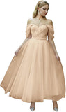 Tulle Tea Length Prom Dresses for Women Off The Shoulder Ball Gowns Teens Sweetheart Beaded Puffy Princess Dress