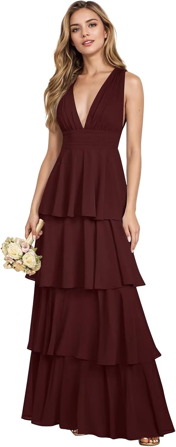 V Neck Chiffon Bridesmaid Dresses for Women 2027 Long Tiered A-Line Ruffles Formal Evening Party Dress