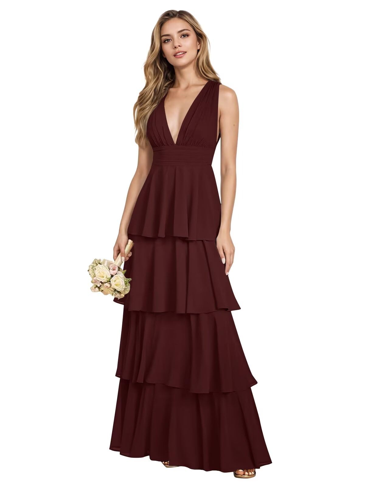 V Neck Chiffon Bridesmaid Dresses for Women 2027 Long Tiered A-Line Ruffles Formal Evening Party Dress