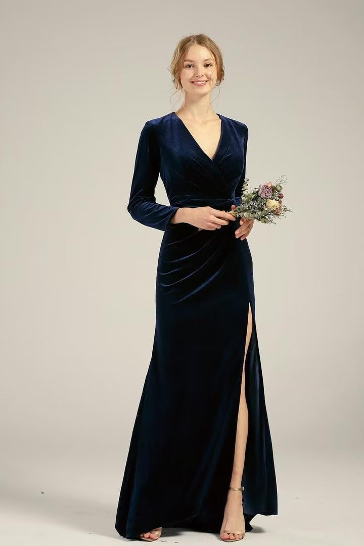 Langärmliges Brautjungfernkleid aus Samt mit Schlitz, V-Ausschnitt, Meerjungfrau-Stil, formelles Kleid für Damen