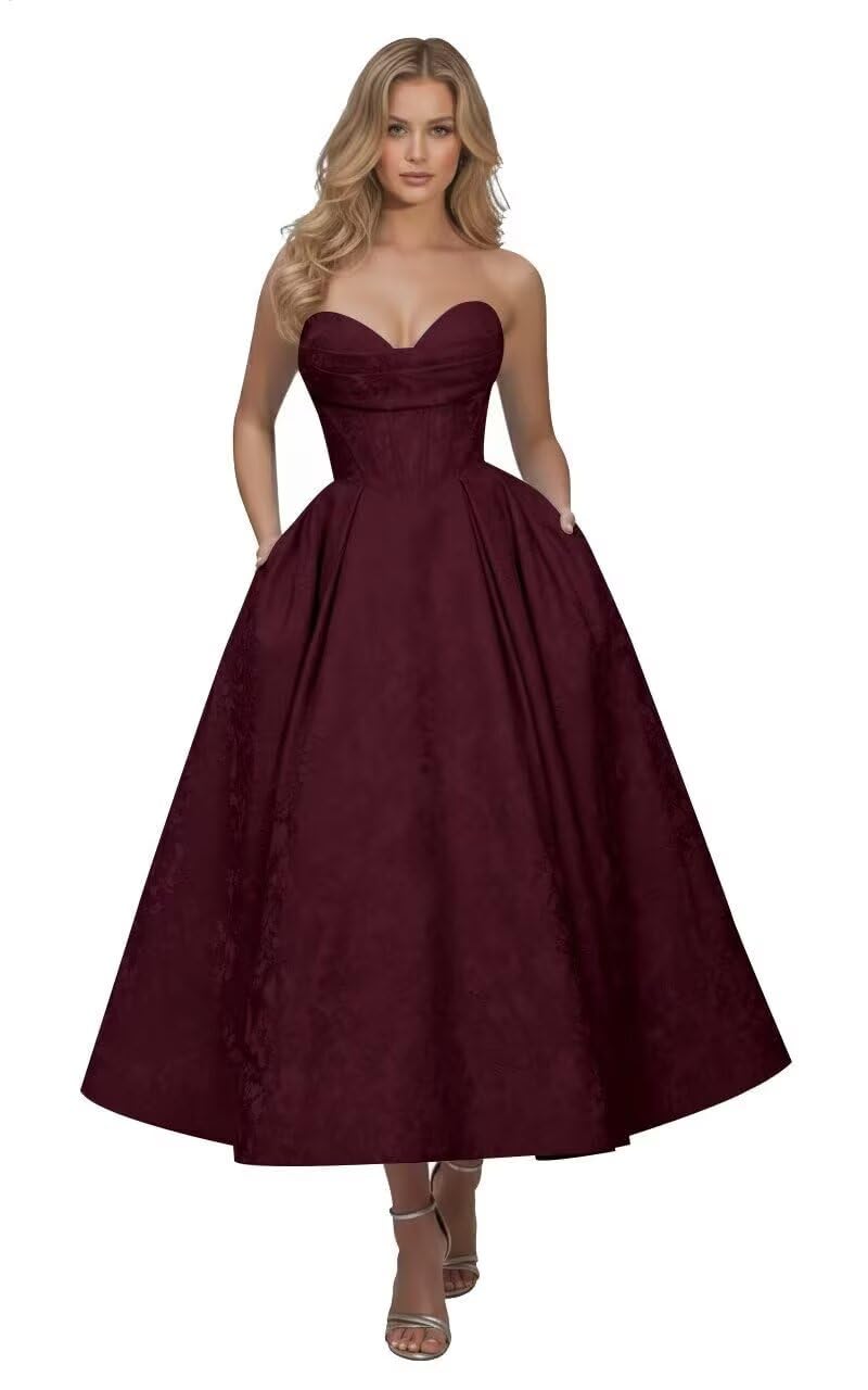 Strapless Floral Satin Prom Dresses for Women 2026 Jacquard Aline Formal Evening Party Dress with Pockets