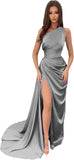 Vestidos de dama de honor largos con un hombro al descubierto y pliegues de satén estilo sirena para fiesta de boda formal 