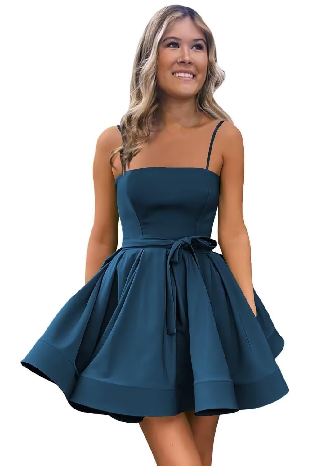 Women’s Short Satin Spaghetti Straps Formal Homecoming Dresses A Line Corset Puffy Prom Gown with Pockets for Teens