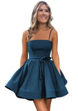 Women’s Short Satin Spaghetti Straps Formal Homecoming Dresses A Line Corset Puffy Prom Gown with Pockets for Teens