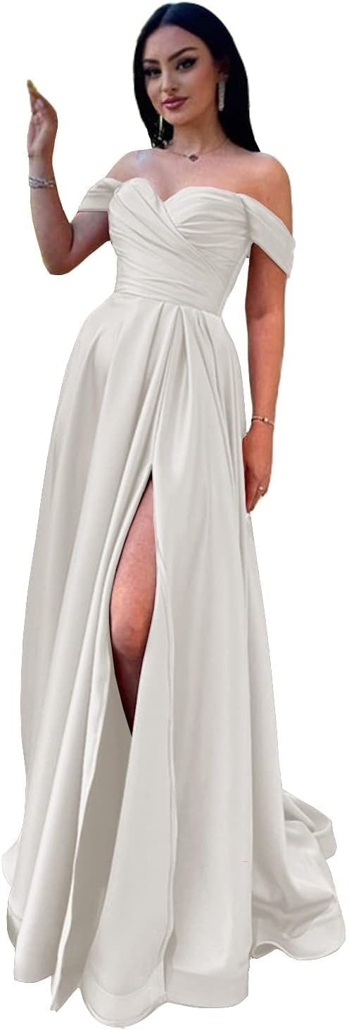 Schulterfreies Satin-Ballkleid, herzförmiger Ausschnitt, formelles Kleid, A-Linie, Abendkleid mit Schlitz 