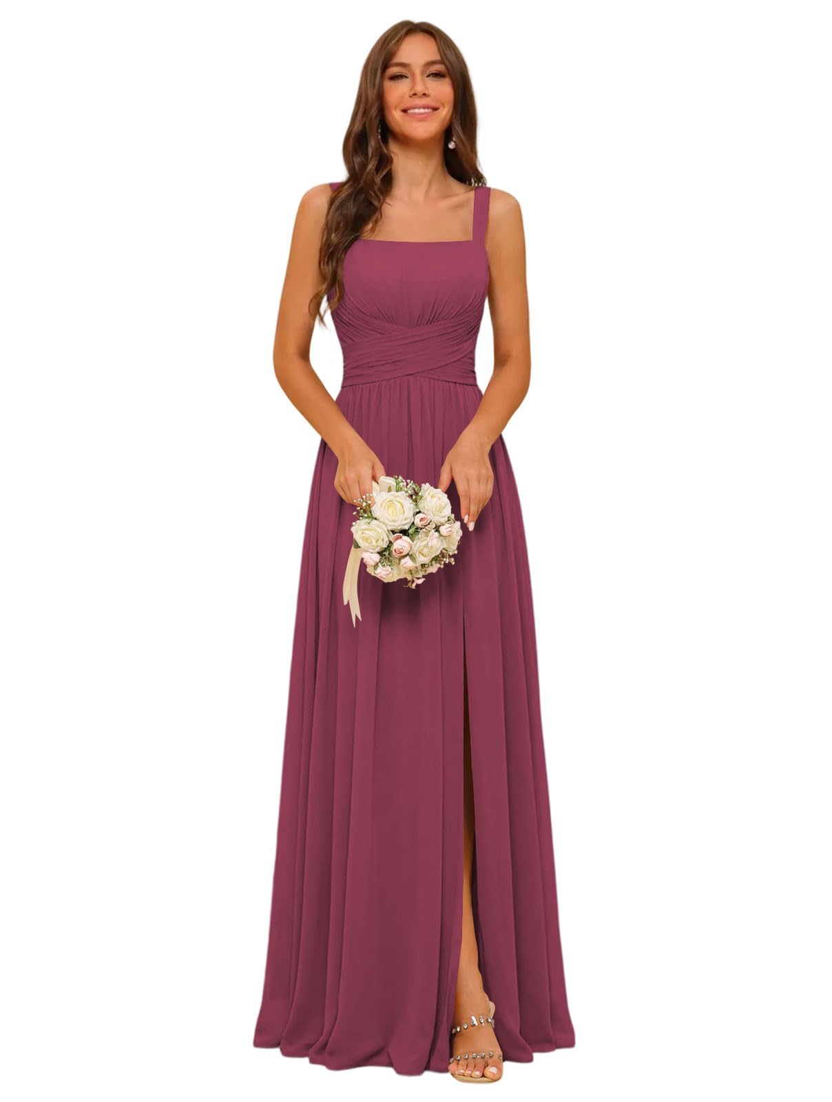Square Neck Bridesmaid Dress Spaghetti Straps Chiffon Long Formal Dress for Women