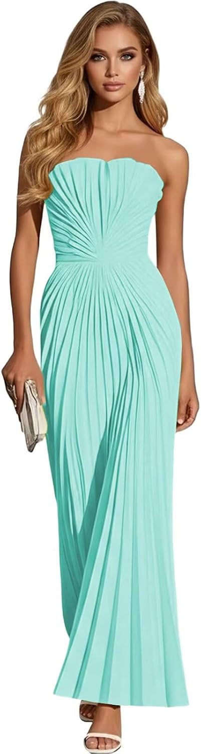 Women's Strapless Pleated Bridesmaid Dress Elegant Sweetheart Neck Formal Prom Gown for Wedding Guest