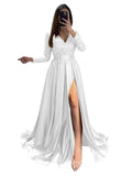 Long Sleeve Sequin Prom Dresses for Women 2027 Satin Formal Dress Sparkly Slit Evening Party Gown with Pocket