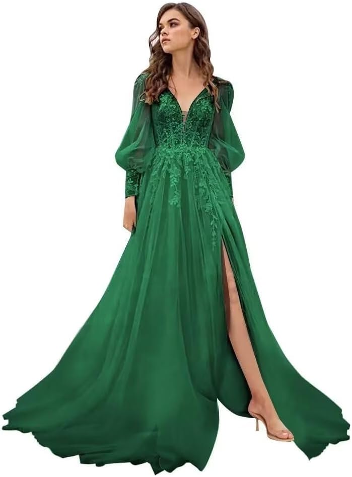 Long Sleeve Tulle Prom Evening Dresses Long Lace Applique A Line Ball Gown 2027