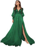 Long Sleeve Tulle Prom Evening Dresses Long Lace Applique A Line Ball Gown 2027