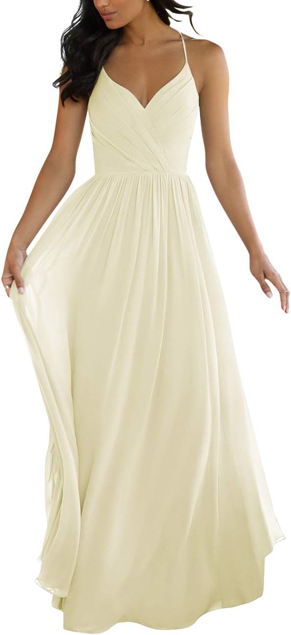V Neck Bridesmaid Dresses for Women 2025 Long Chiffon Pleated A-line Spaghetti Strap Wedding Evening Prom Gown