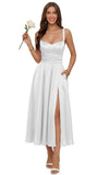 Jacquard Satin Bridesmaid Dresses for Women Spaghetti Straps A Line Tea Length Formal Dress
