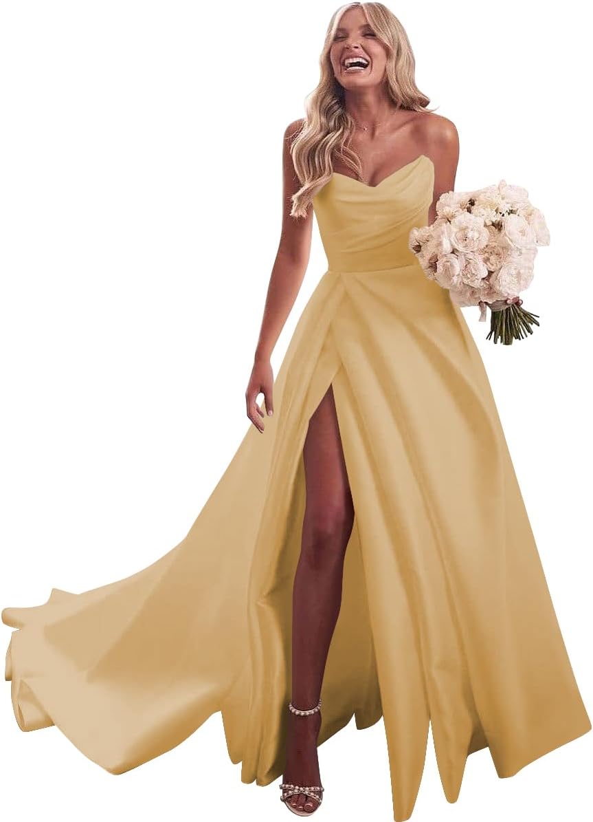 Strapless Satin Prom Wedding Dresses with Slit Long Pleats Formal Ball Bridal Gowns with Pockets