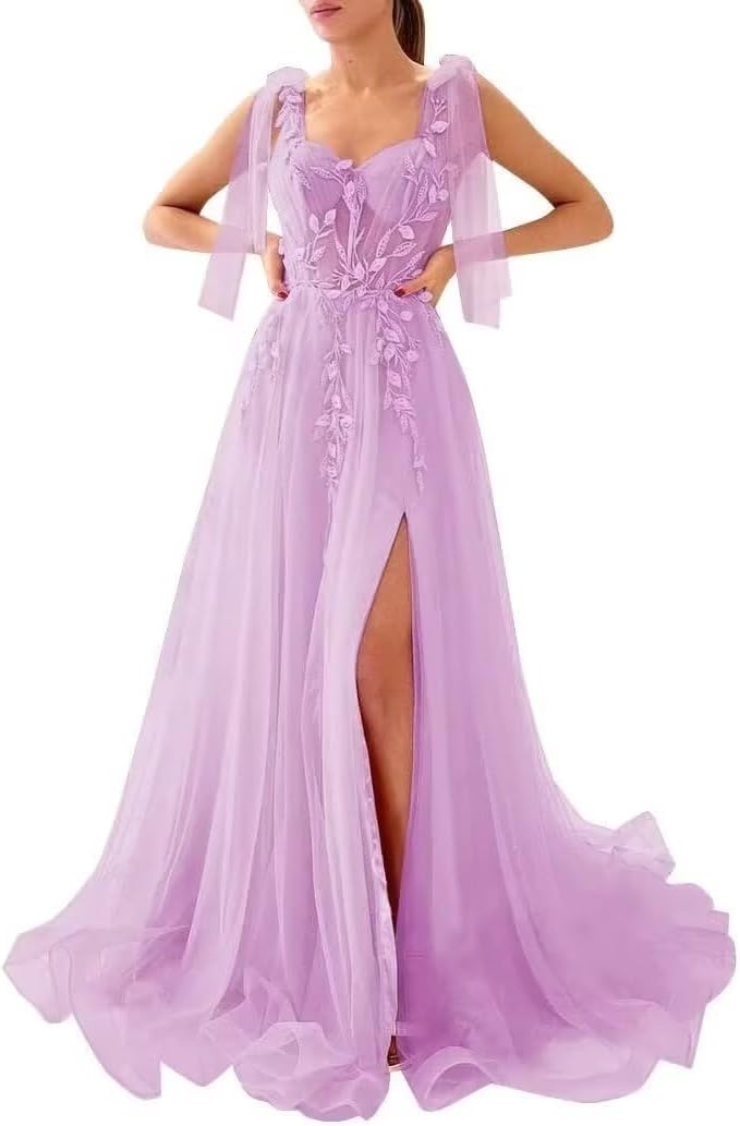 Appliques Tulle Lace Prom Dresses with Slit Spaghetti Straps Formal Evening Dress Sweetheart Ball Gowns