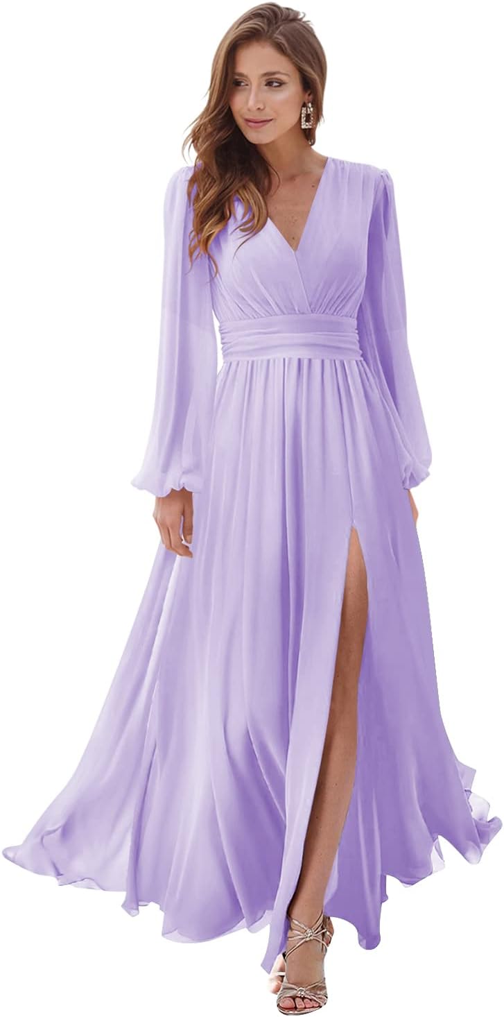 Women's Long Sleeve Bridesmaid Dresses with Slit V Neck A Line Chiffon Formal Evening Gowns with Pockets Mother of the Bride Gowns