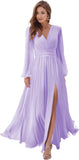 Women's Long Sleeve Bridesmaid Dresses with Slit V Neck A Line Chiffon Formal Evening Gowns with Pockets Mother of the Bride Gowns