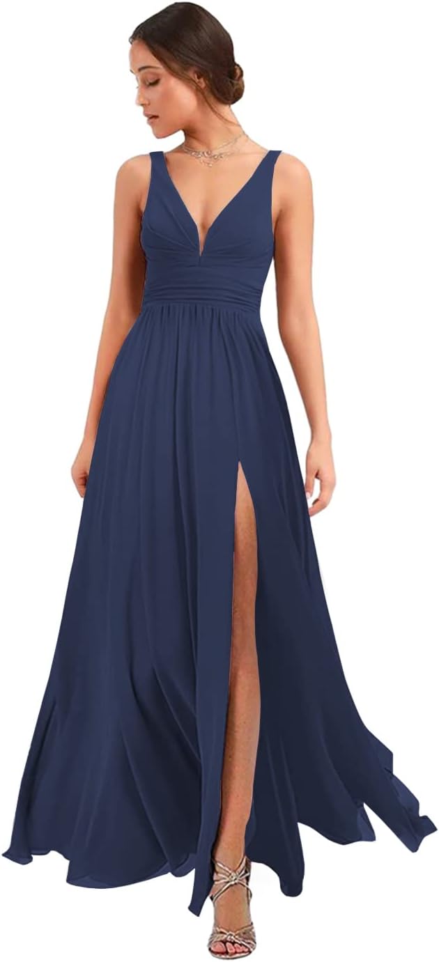 Women's Deep V Neck Bridesmaid Dresses with Slit Chiffon Pleats A Line Formal Party Dresses with Pockets