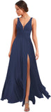 Women's Deep V Neck Bridesmaid Dresses with Slit Chiffon Pleats A Line Formal Party Dresses with Pockets