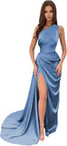 Vestidos de dama de honor largos con un hombro al descubierto y pliegues de satén estilo sirena para fiesta de boda formal 
