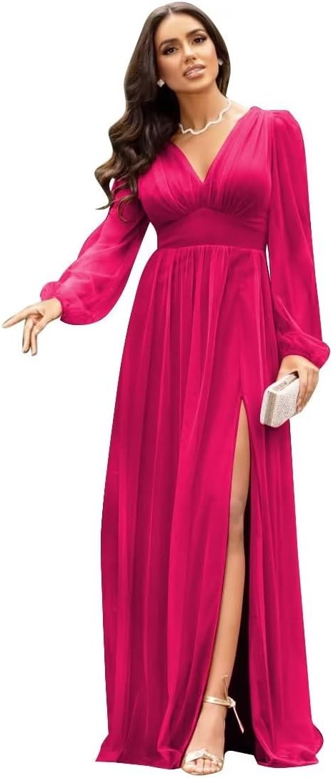 Langärmlige Brautjungfernkleider für Hochzeiten, V-Ausschnitt, formelles Kleid mit Schlitz, Chiffon-Ballkleid